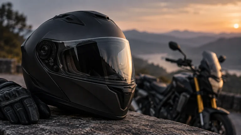 Black full-face motorcycle helmet for choosing a motorcycle helmet in India